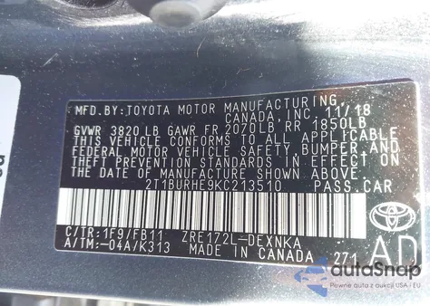 2019 Toyota Corolla Le z USA, uszkodzony, nr VIN 2T1BURHE9KC213510